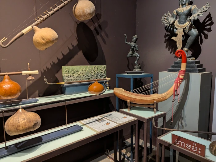 A collection of traditional instruments on display in the music room